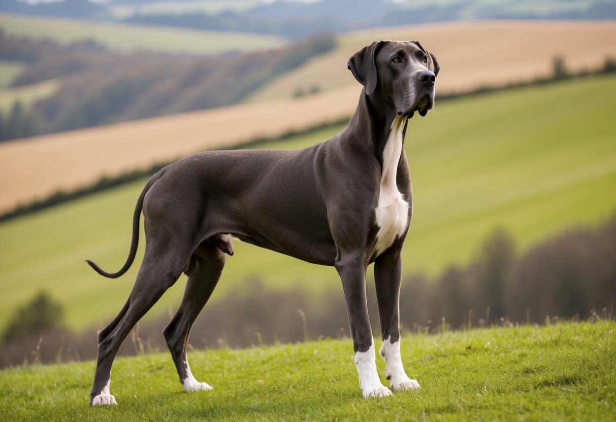 A Great Dane stands tall on a grassy hill, head held high, ears alert. Its long legs and sleek body emphasize its impressive height