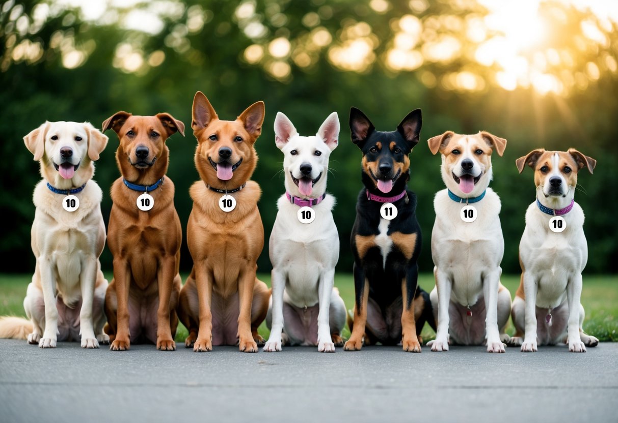 Ten female dogs of various breeds sit in a row, each wearing a collar with one of the top ten dog names for 2024