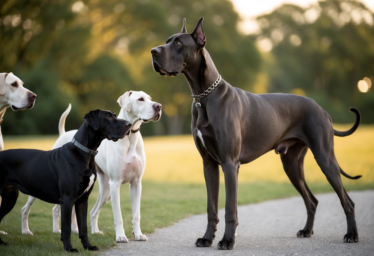 A Great Dane stands proudly, towering over other breeds, its head reaching above the height of a person's waist