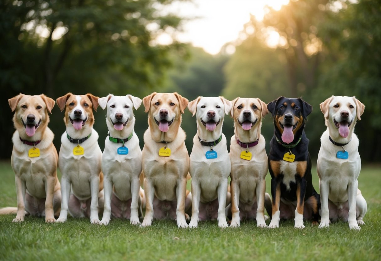 A pack of ten dogs, each with a unique name tag, sitting in a row