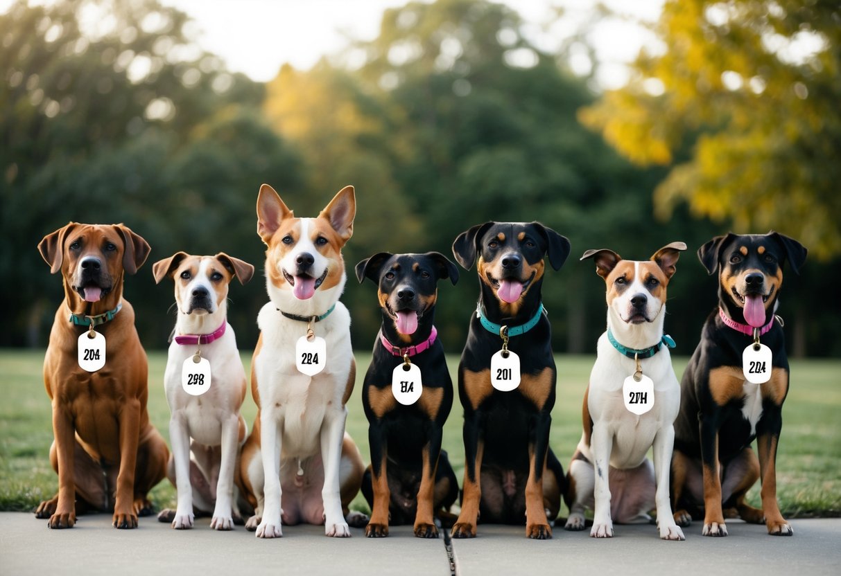 A group of 10 dogs of various breeds, each wearing a tag with a popular dog name for 2024, sitting in a row