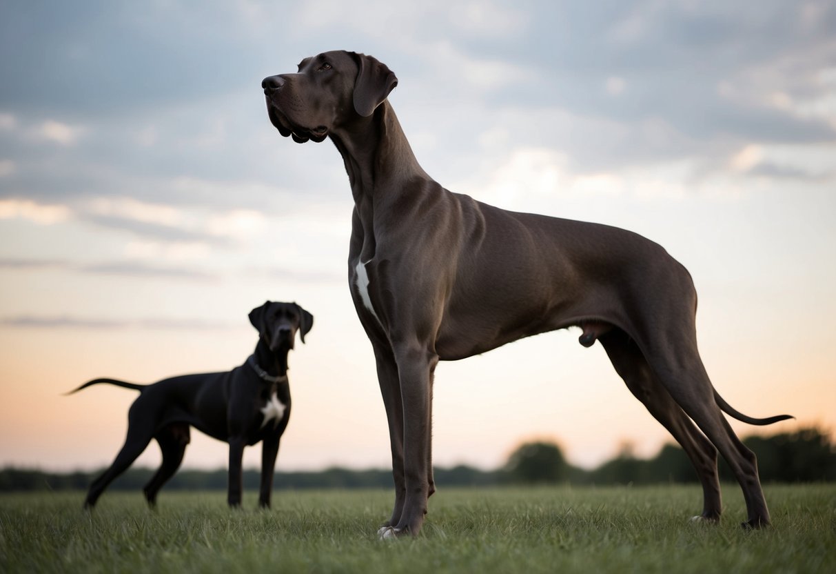 A Great Dane stands tall, towering over other dogs, with a regal and graceful posture, showcasing its impressive height