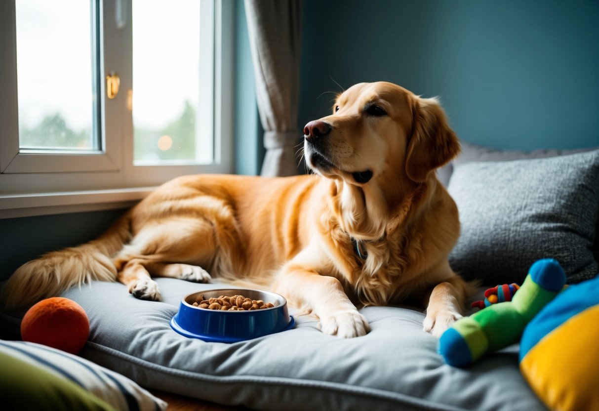 A golden retriever lounges on a cozy bed, surrounded by toys and a full food bowl, contently gazing out the window