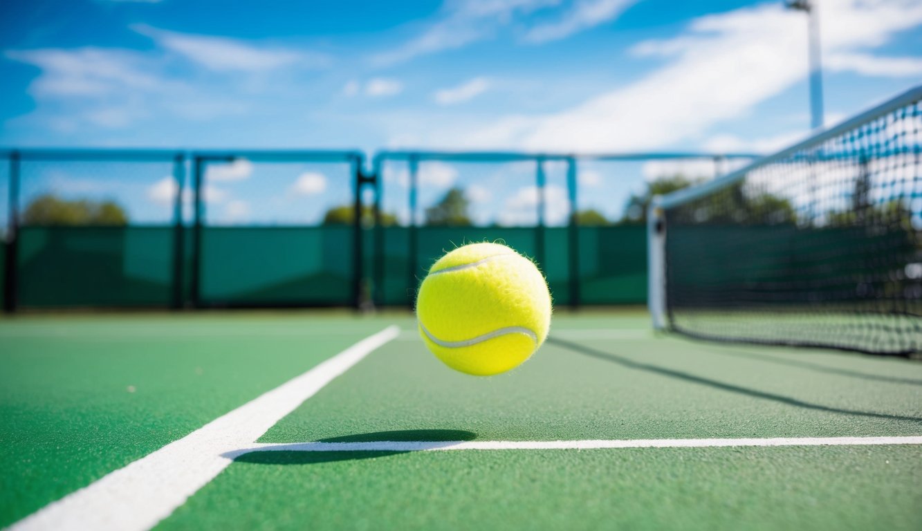 Sebuah bola tenis memantul di lapangan hijau yang cerah, dengan jaring di latar belakang dan langit biru yang cerah di atasnya.