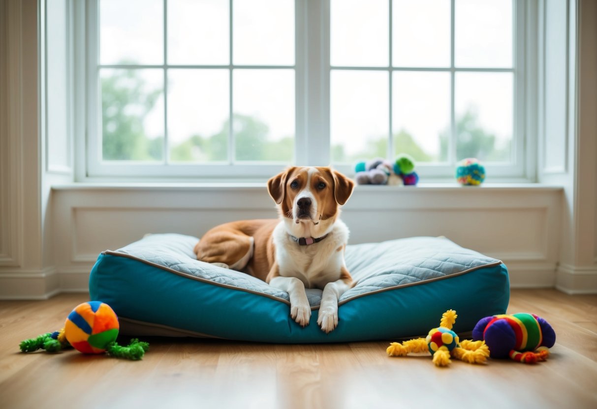 A calm and contented dog lounging on a comfortable bed, surrounded by toys and with a large window letting in natural light