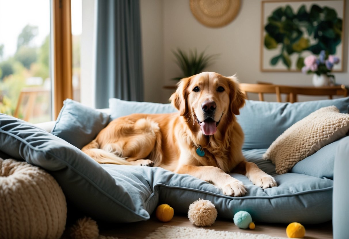A golden retriever lounges in a cozy living room, surrounded by plush bedding and toys, with a large window allowing natural light to filter in