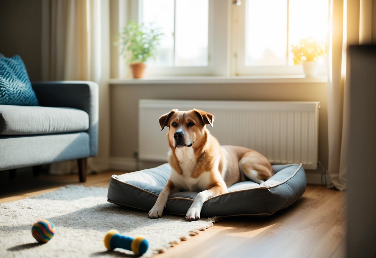 A cozy living room with a sunlit window, a comfortable dog bed, and a toy scattered on the floor. A medium-sized dog of a calm and independent breed lounges contentedly in the room