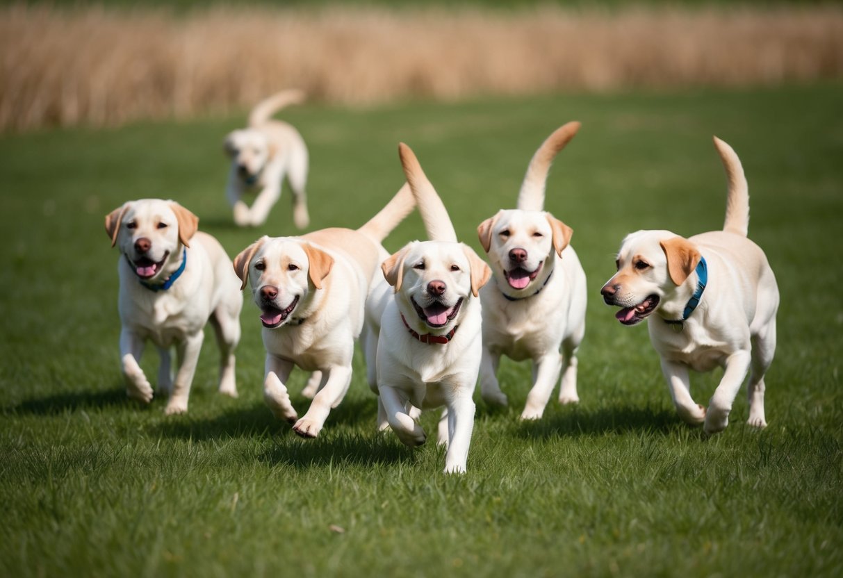 A pack of Labrador Retrievers play in a grassy field, with one standing out as the leader among the group