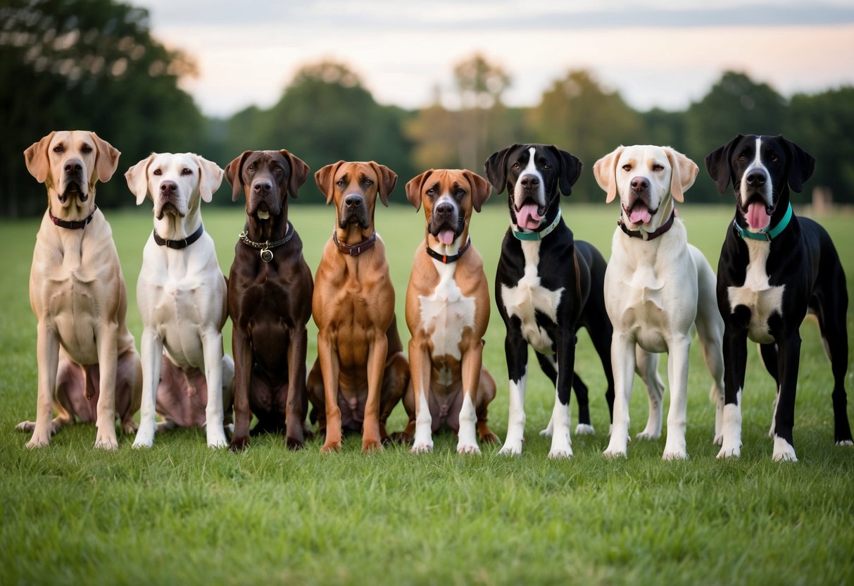 A pack of 20 large dogs of varying breeds standing side by side, ranging from Great Danes to Saint Bernards, filling the entire frame