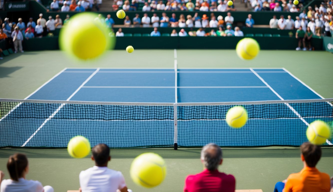 Lapangan tenis dengan jaring, dikelilingi oleh penonton dan bola tenis berwarna cerah yang terbang di udara