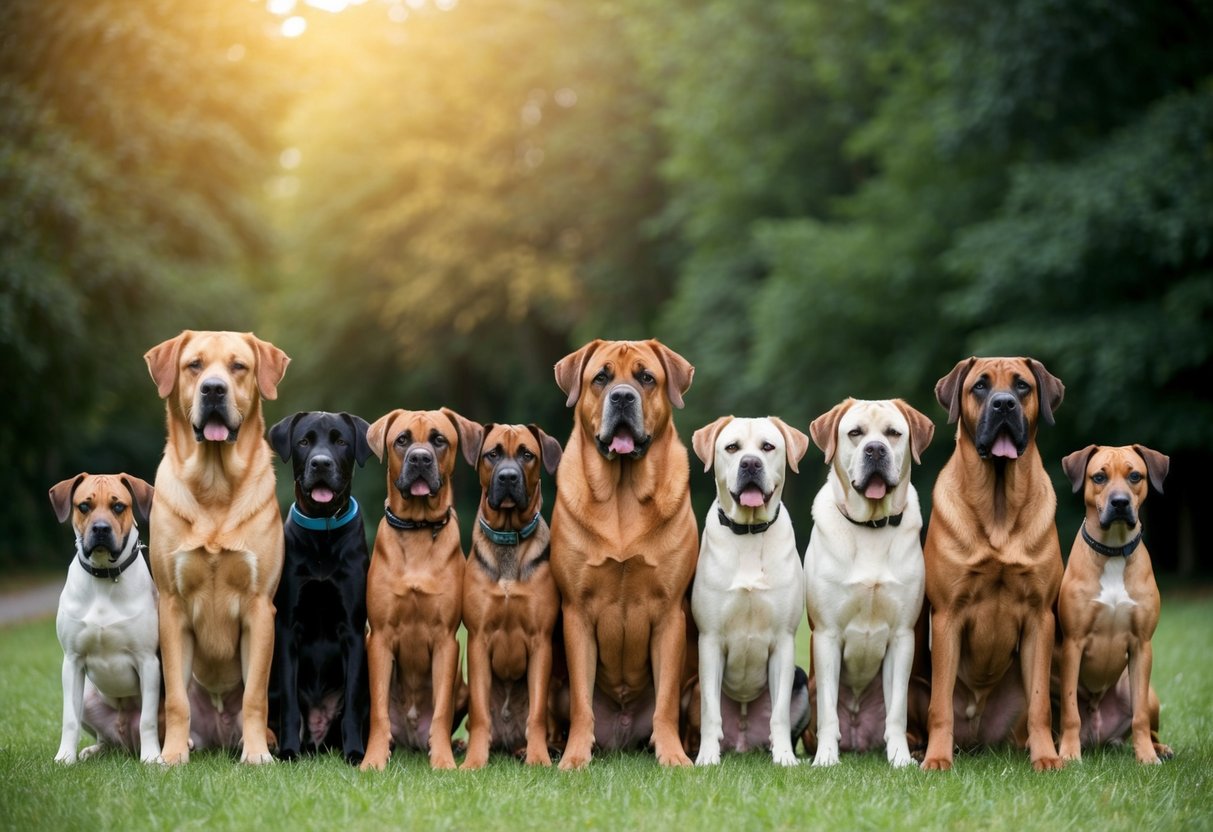 A lineup of 20 large dogs standing side by side, each breed representing the top 20 largest dogs, with varying fur colors and textures
