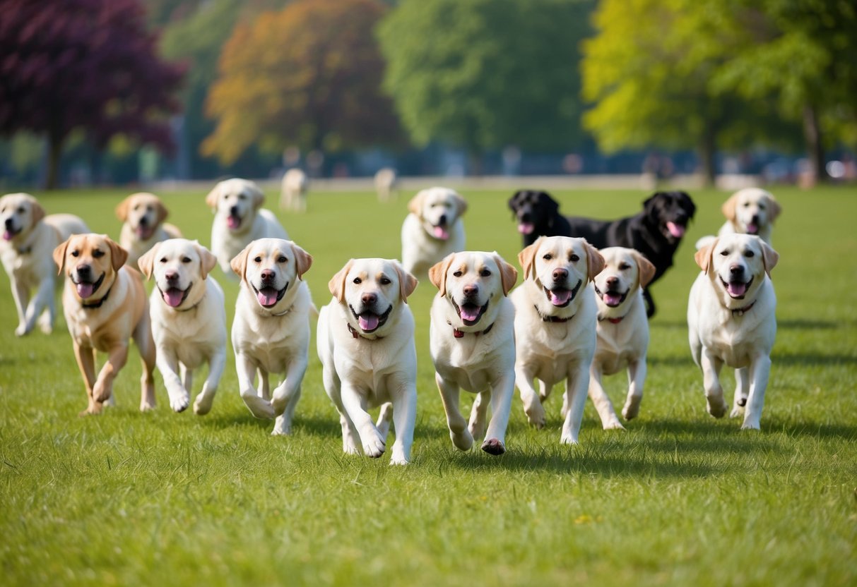 A pack of Labrador Retrievers play in a spacious, grassy park, surrounded by other Labs of various colors, showcasing the breed's popularity