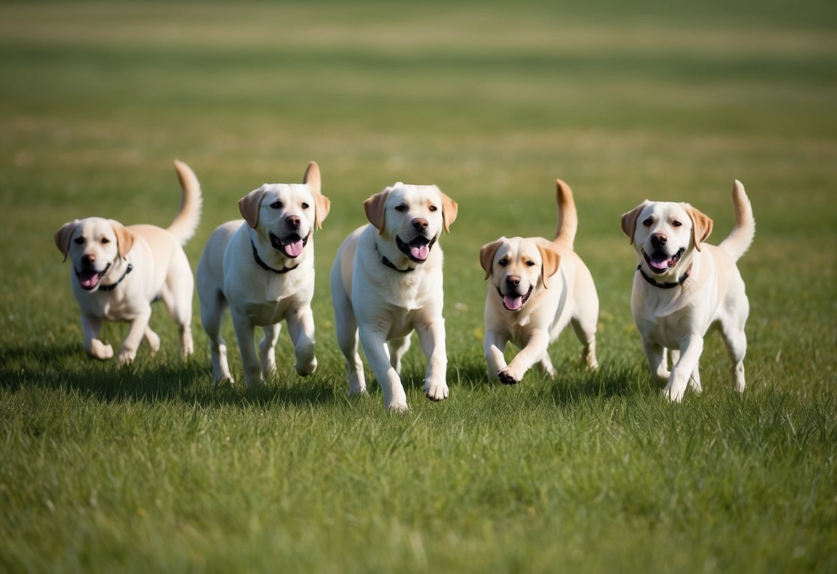 A pack of Labrador Retrievers playing in a vast, grassy field