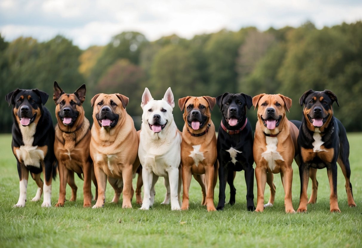 A pack of 20 large dogs of various breeds, standing side by side, showcasing their impressive size and strength