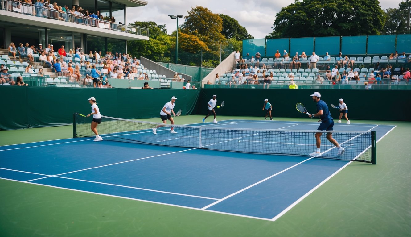 Sebuah lapangan tenis dengan pemain yang bergerak, sebuah jaring membagi lapangan, dan penonton yang menonton dari tribun