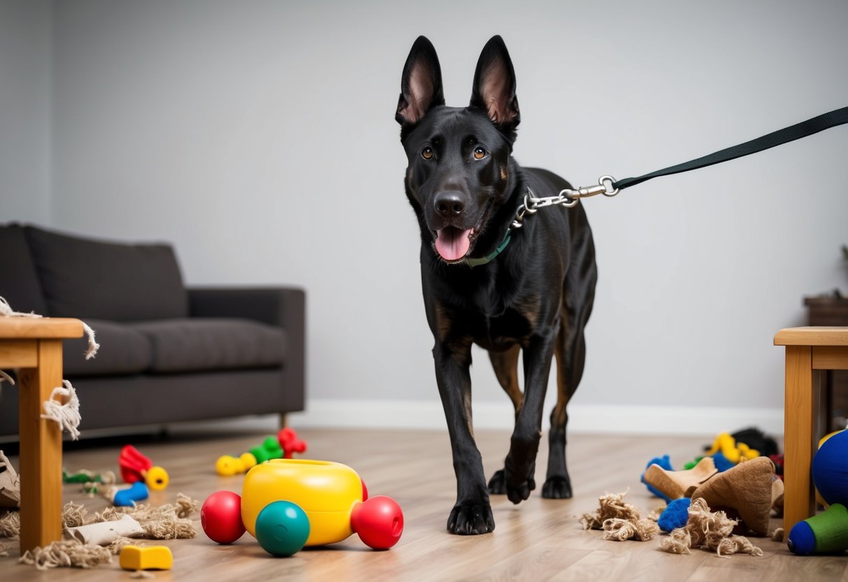 A large, energetic Belgian Malinois dog pulls on a leash, surrounded by chewed-up toys and torn furniture