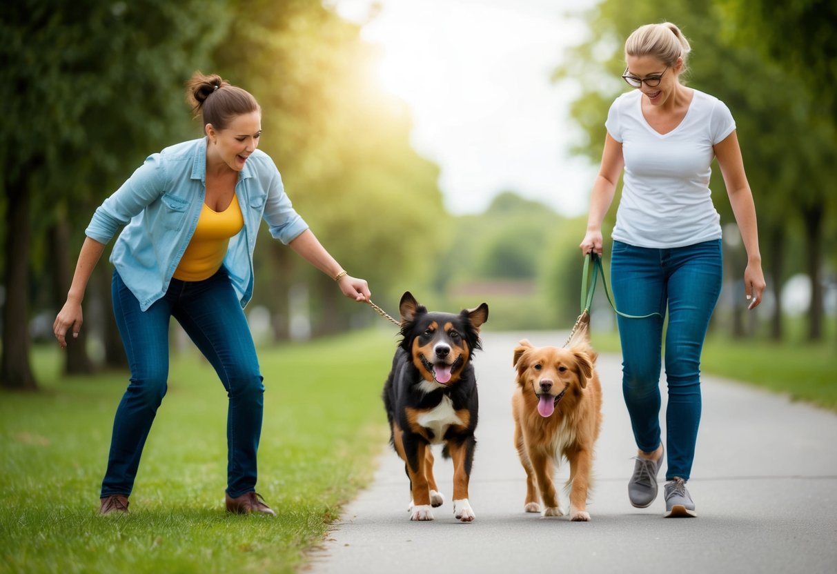 A frustrated owner struggles to control a mischievous, high-energy dog breed, while a calm owner enjoys a peaceful walk with a well-behaved, low-maintenance breed