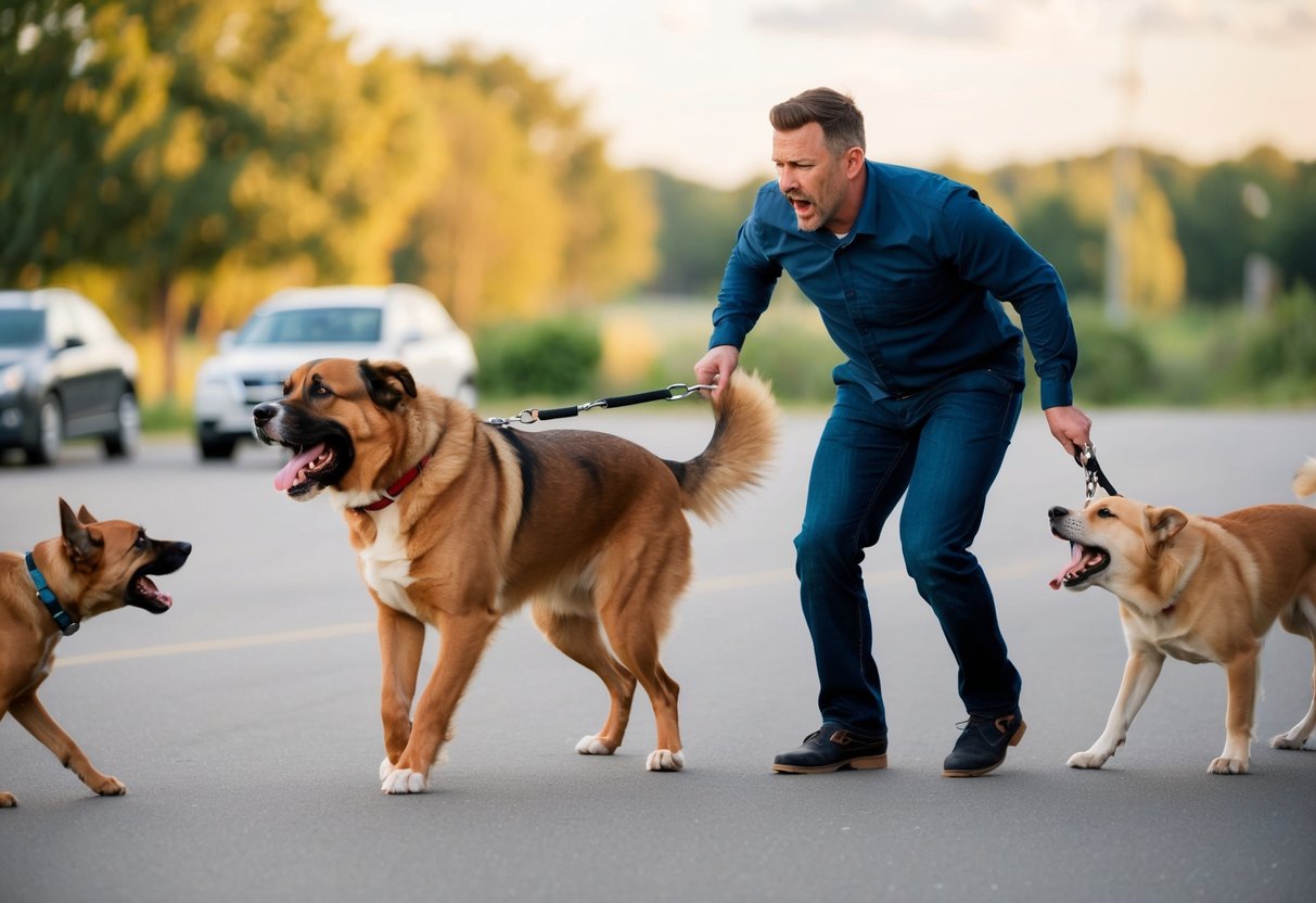 A frustrated owner struggles to control a large, stubborn dog on a leash, as it pulls and barks aggressively at other animals