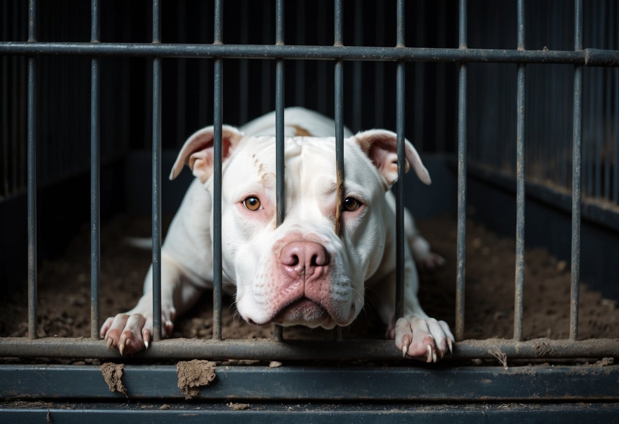 A malnourished pit bull cowers in a dark, dirty cage, with visible scars and a look of fear in its eyes