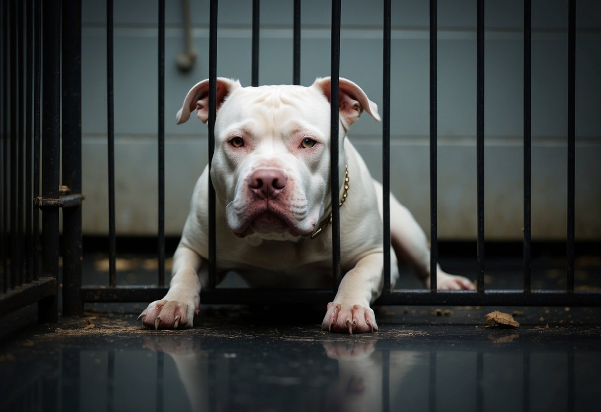 A malnourished pit bull cowers in a dark, filthy cage, its ribs visible through its thin fur