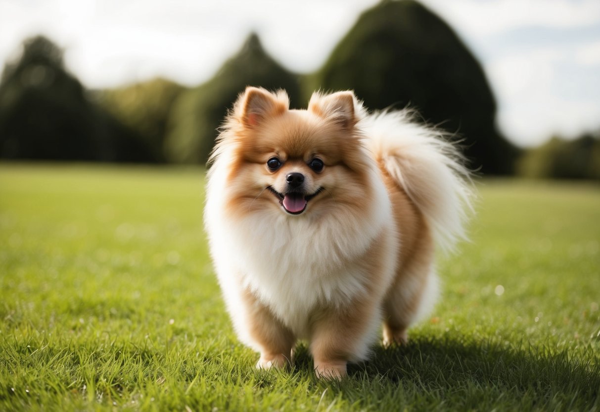 A fluffy Pomeranian dog with a distinctive teddy bear-like appearance, small ears, and a compact body, standing on a grassy field