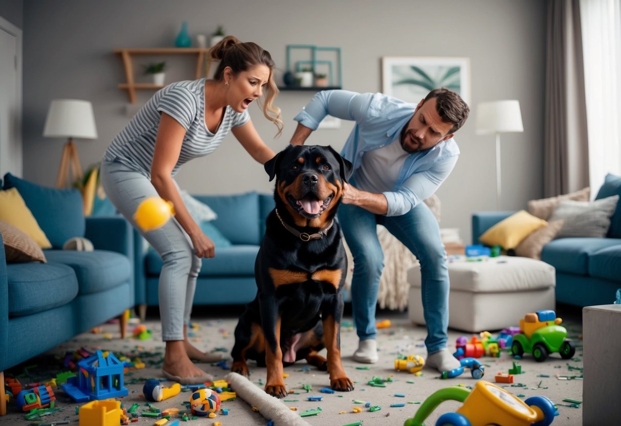 A frustrated owner struggles to control a misbehaving Rottweiler in a chaotic living room filled with torn furniture and scattered toys