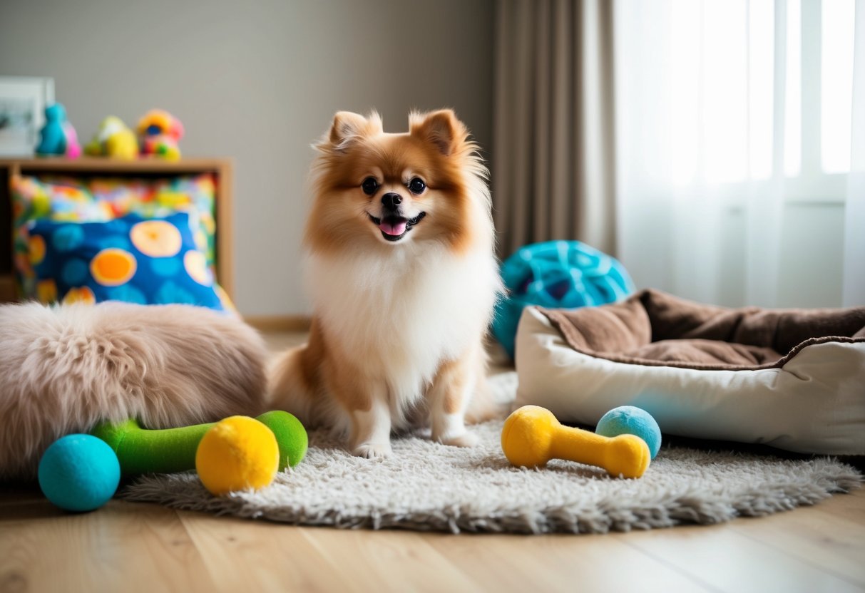 A fluffy Pomeranian dog, resembling Boo, sits on a plush rug surrounded by colorful toys and a cozy dog bed