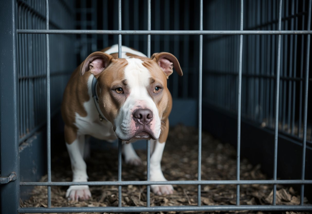 A malnourished pit bull cowers in a dark, cramped shelter cage, with visible signs of abuse and neglect