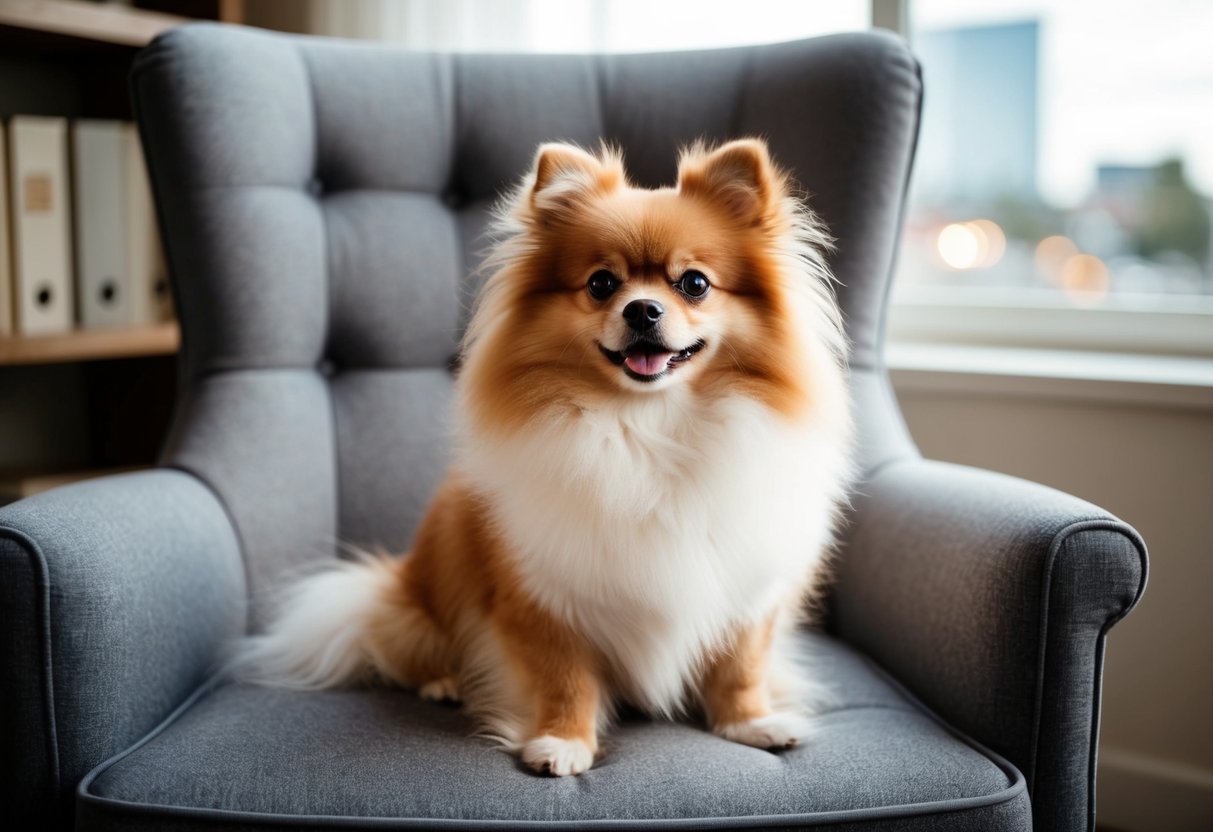 A Pomeranian dog with a fluffy coat sits on a cushioned chair, looking up with bright, alert eyes