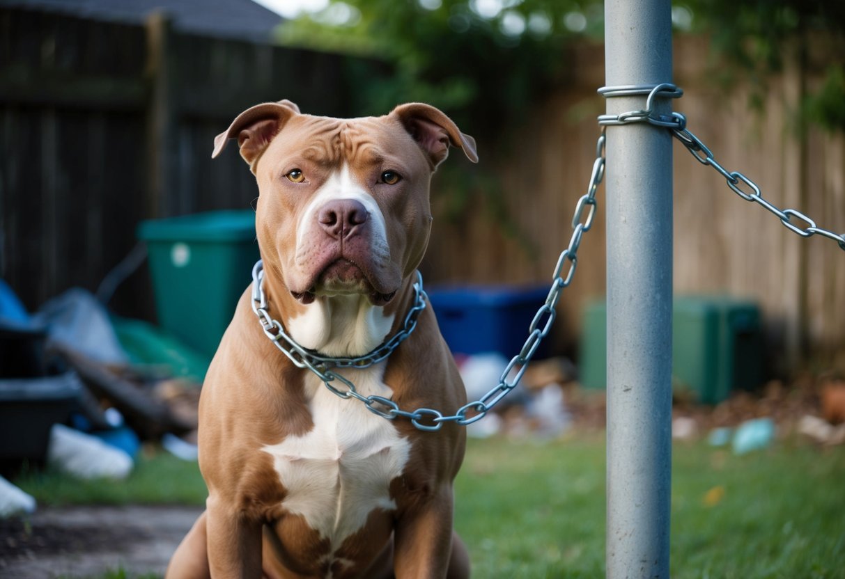 A pit bull, with a sad expression, chained to a post in a neglected backyard, surrounded by debris and looking forlorn