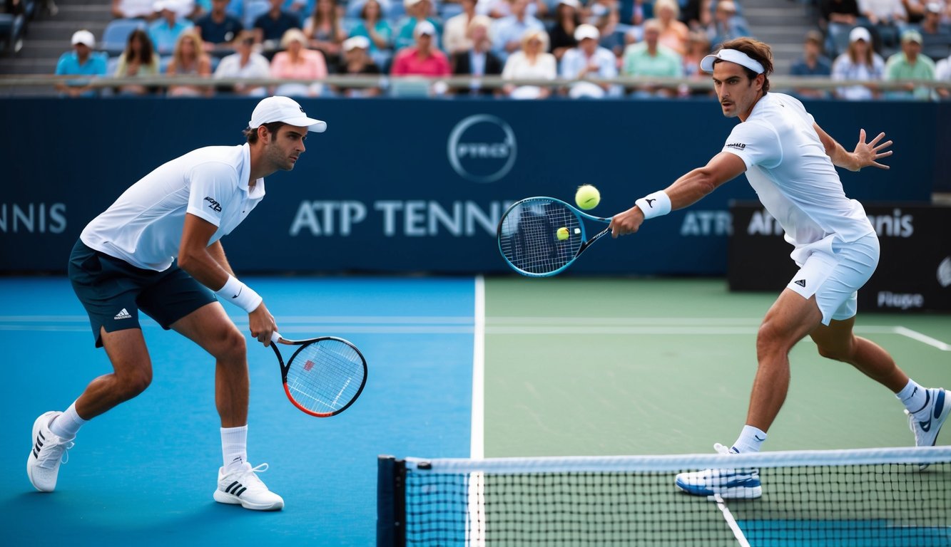 Sebuah pertandingan tenis di turnamen ATP dengan pemain di sisi berlawanan dari lapangan, melakukan servis dan mengembalikan bola