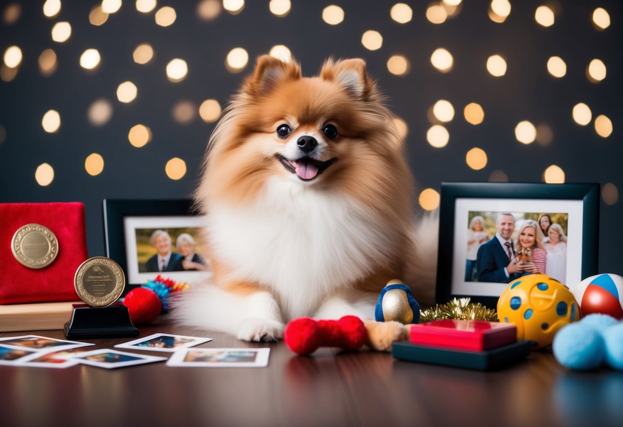 A fluffy Pomeranian dog surrounded by toys, photos, and awards