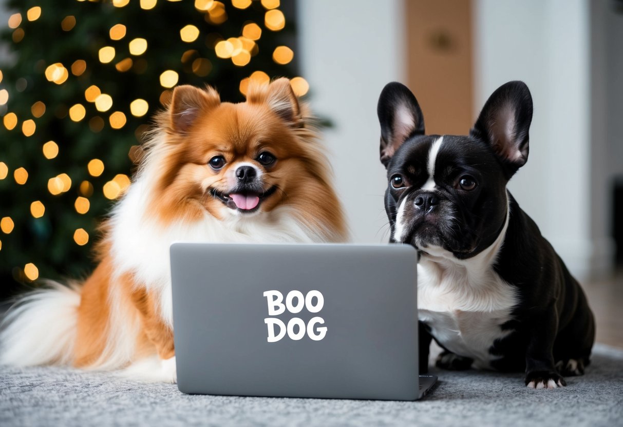 A fluffy Pomeranian dog sits next to a French Bulldog, both looking at a laptop screen with the word "Boo Dog" on it