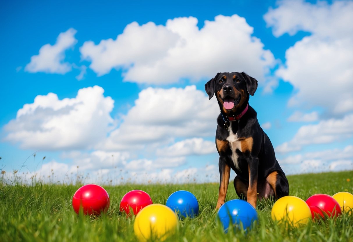 A dog sitting in a green grassy field, surrounded by vibrant red, blue, and yellow toys. The sky is a bright blue with fluffy white clouds