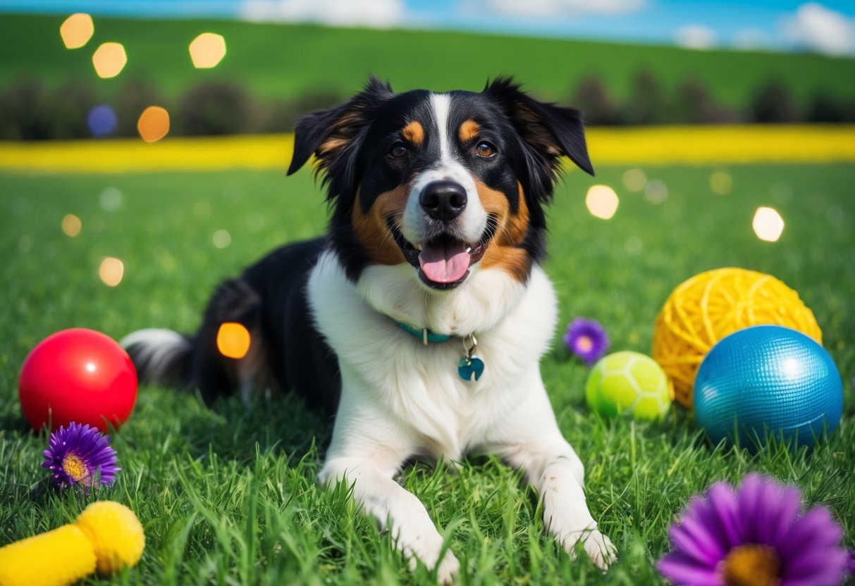 A dog with a vibrant green field and a blue sky, surrounded by various colorful objects like a red ball, yellow toy, and purple flowers