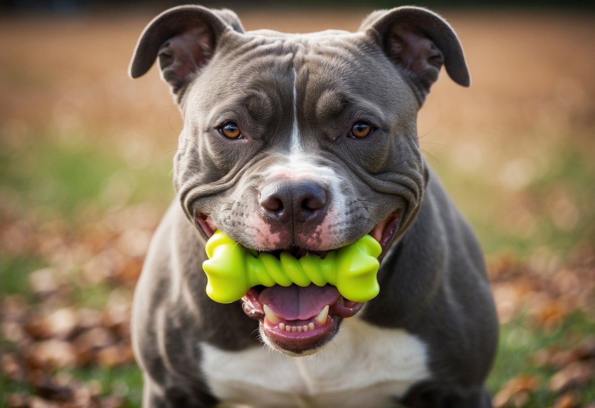 A snarling pit bull clamps its jaws around a chew toy, refusing to release it