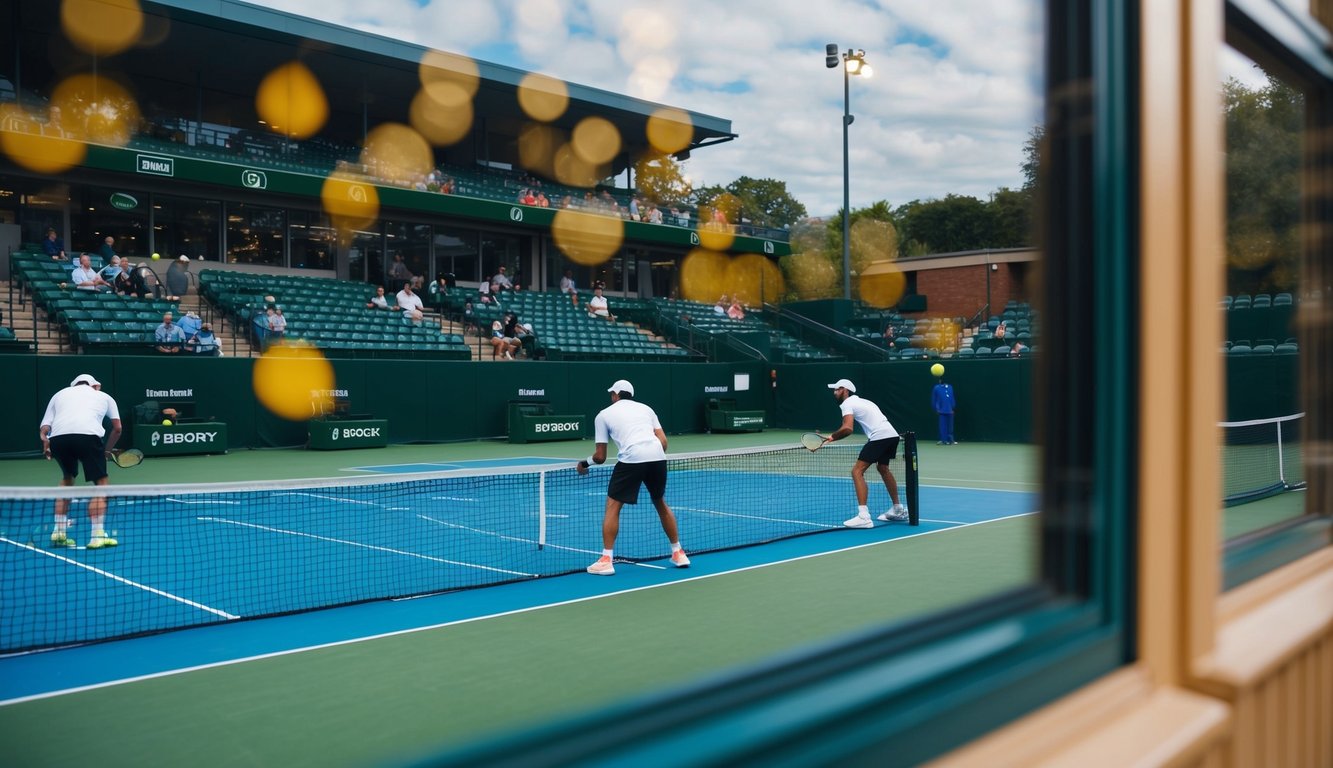 Sebuah lapangan tenis dengan pemain yang memasang taruhan di jendela sportsbook