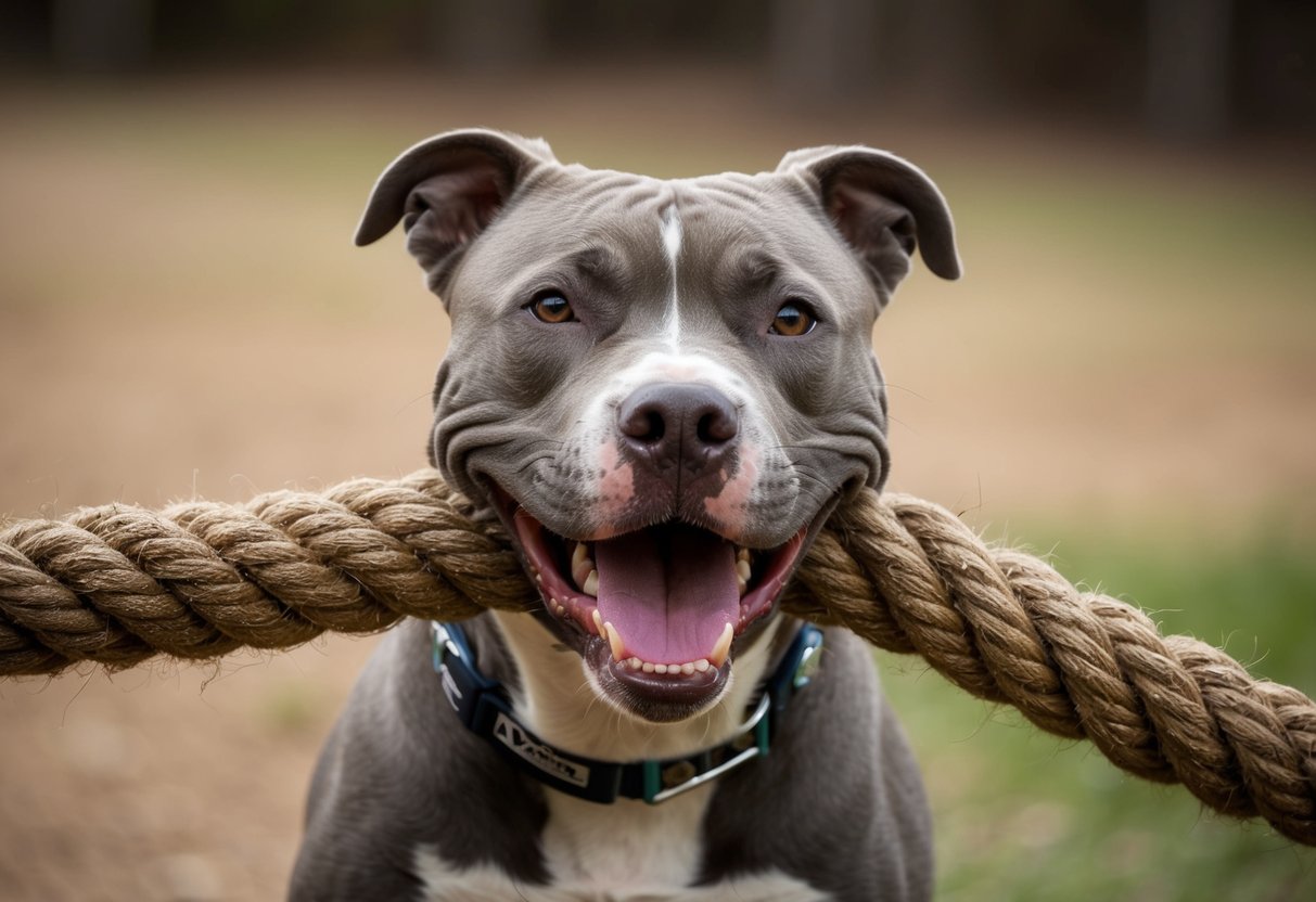 A pit bull clamps its powerful jaws around a thick rope, showing its strong bite grip