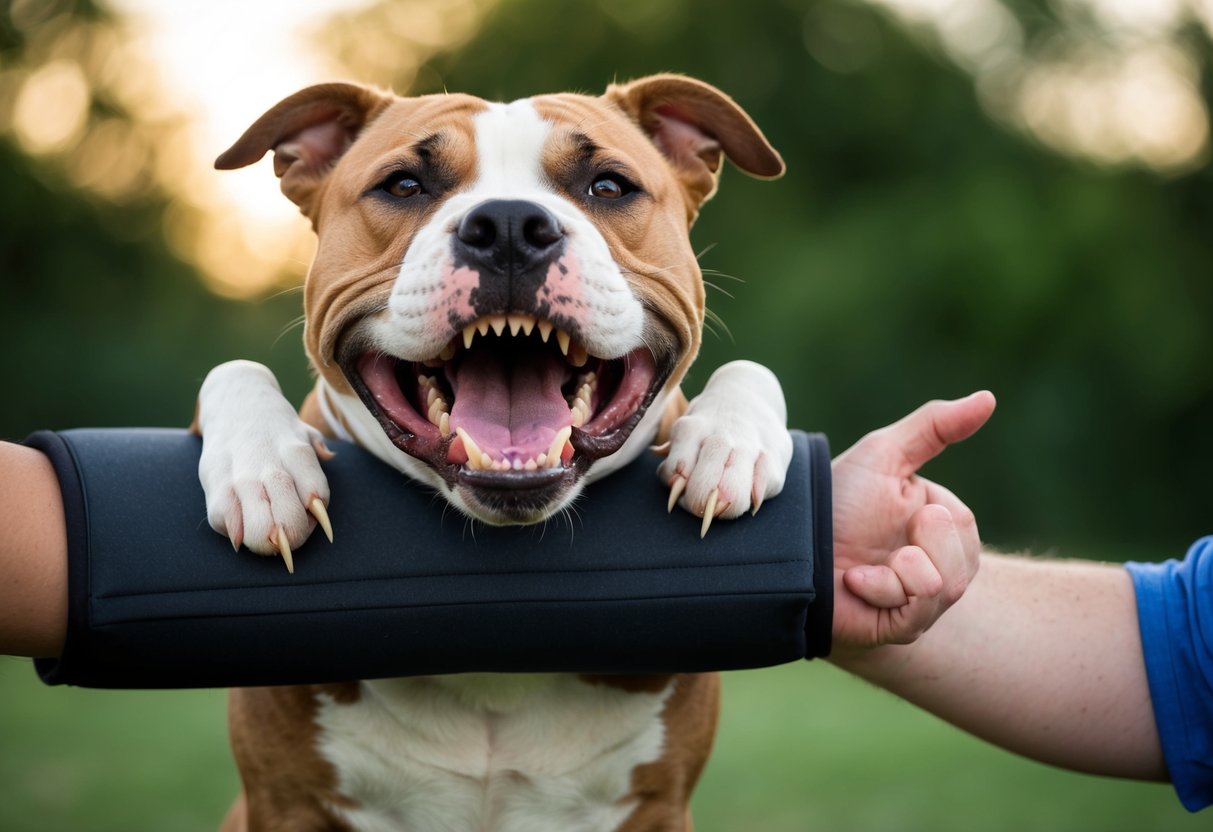 A snarling pit bull clamps its jaws onto a padded arm, refusing to release