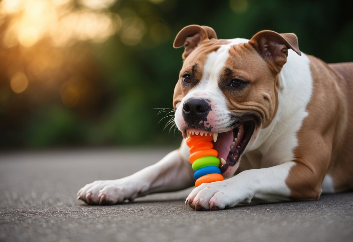A snarling pit bull clamps its jaws onto a chew toy, refusing to release it