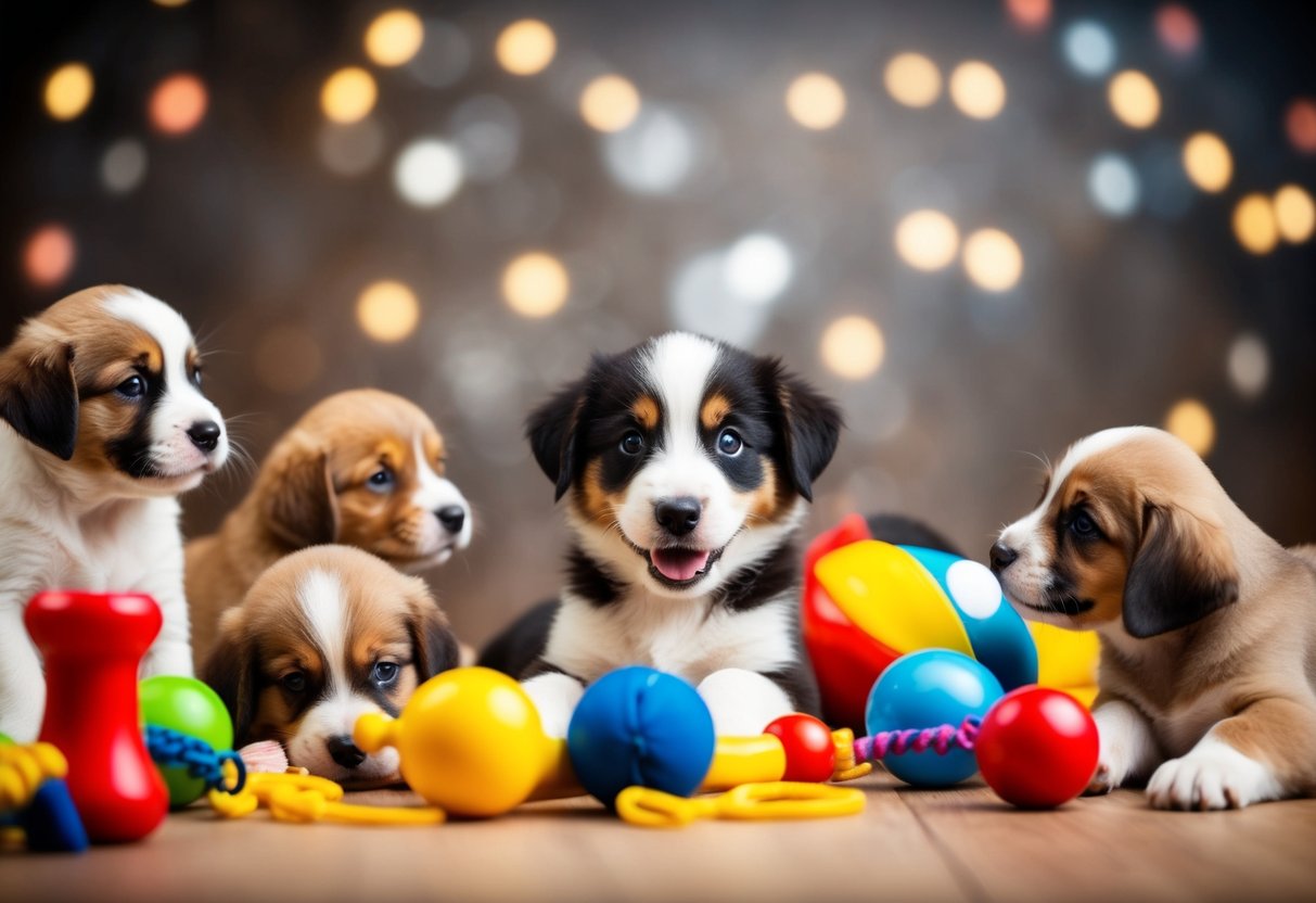 A playful puppy surrounded by toys and other puppies, wagging its tail and looking up with bright eyes