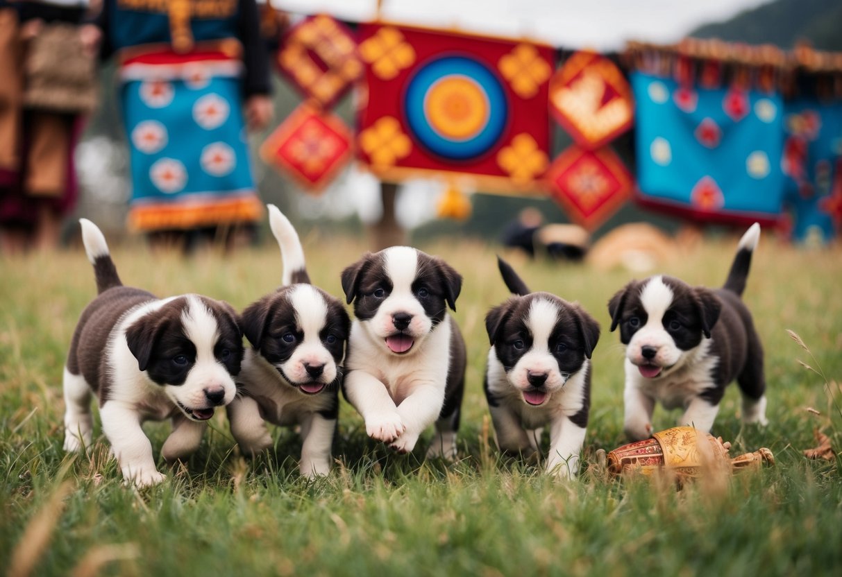 A litter of puppies playing in a field, surrounded by traditional cultural symbols and artifacts