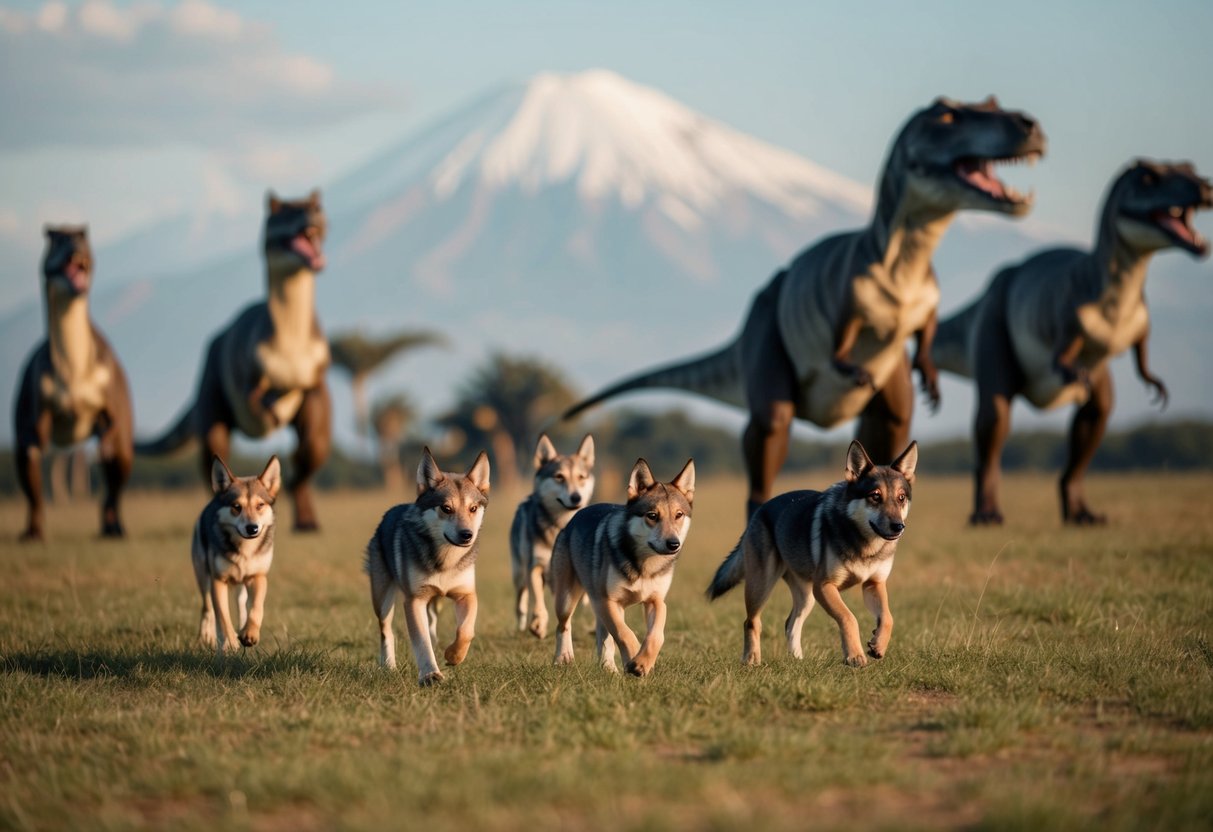 A pack of small, wolf-like canids roam a prehistoric landscape, surrounded by towering dinosaurs