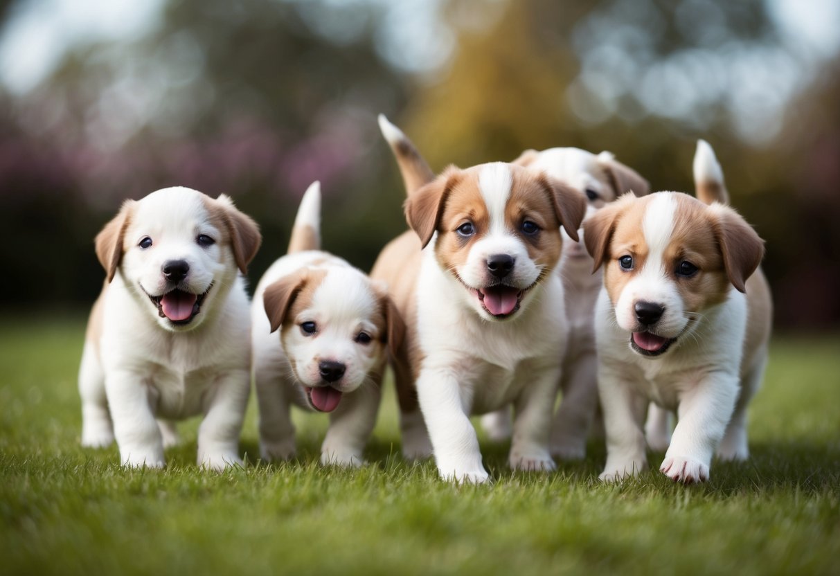 A playful litter of puppies, one tiny pup wagging its tail