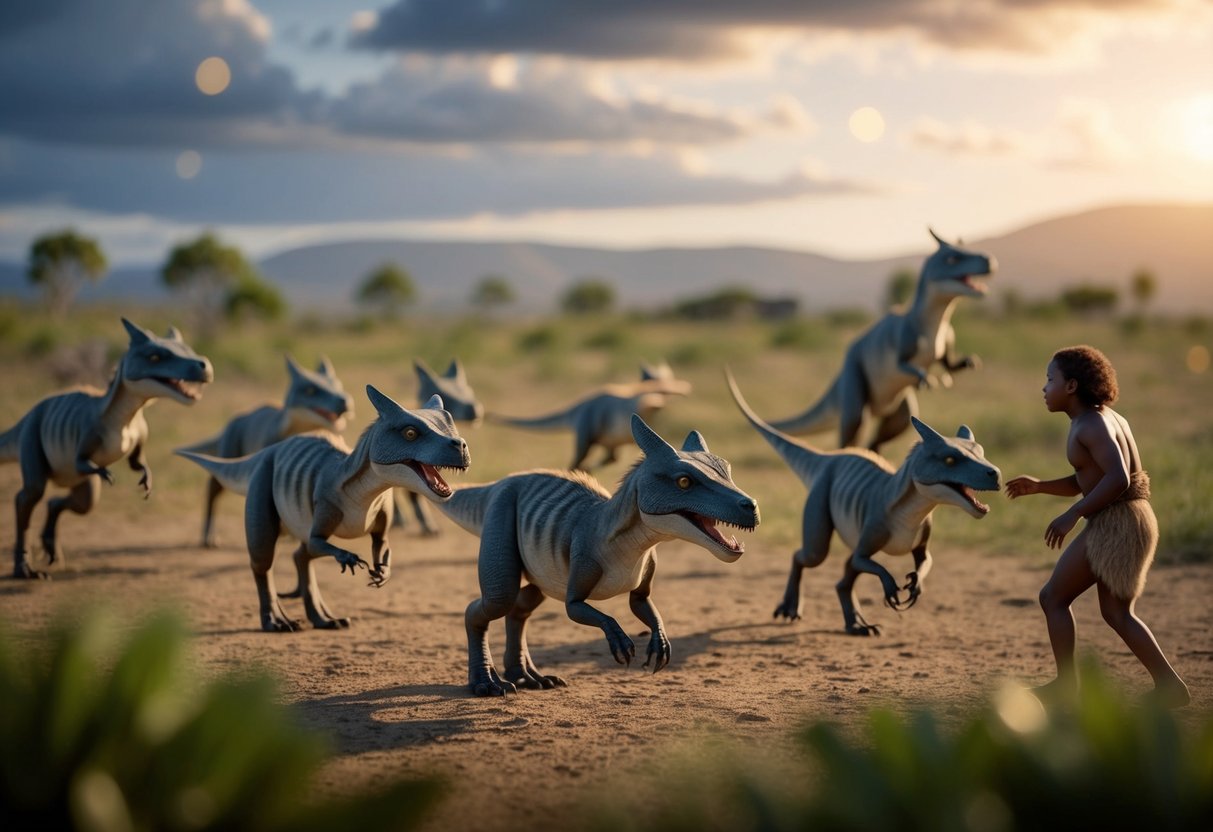 A pack of small, wolf-like dinosaurs roam through a prehistoric landscape, interacting with early humans