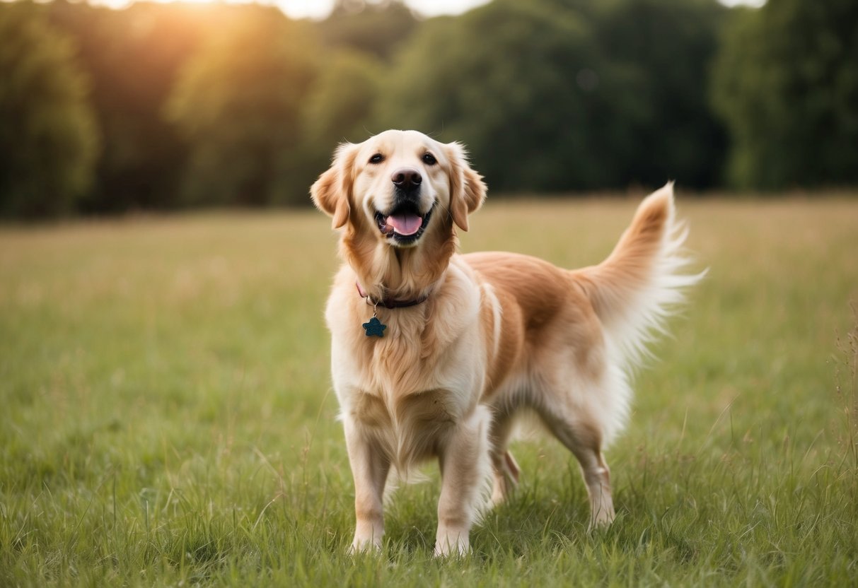 A golden retriever stands in a grassy field, wagging its tail and looking up with a friendly expression