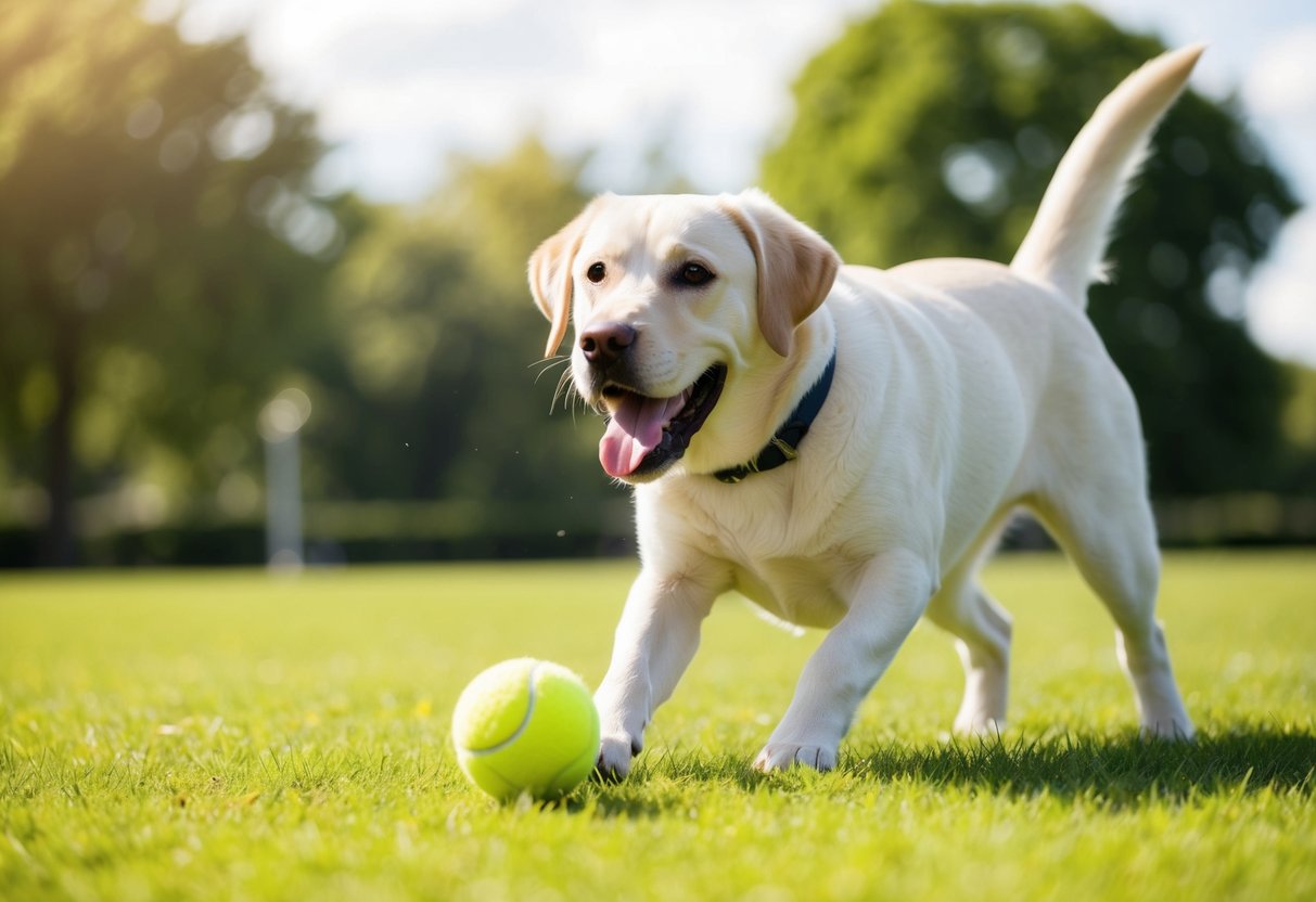 A happy Labrador playing with a tennis ball in a grassy park