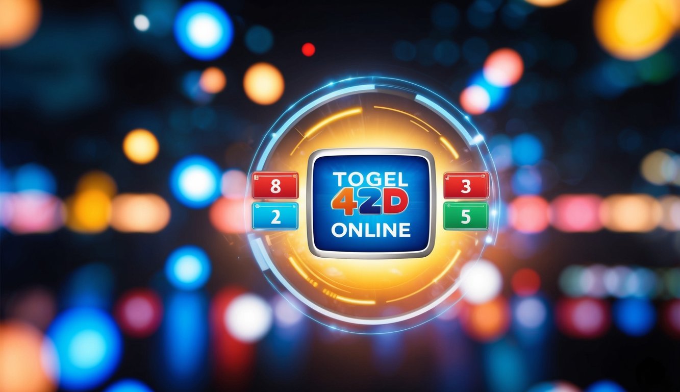 Antarmuka digital yang bersinar menampilkan Togel 4D Online dengan angka dan simbol berwarna-warni