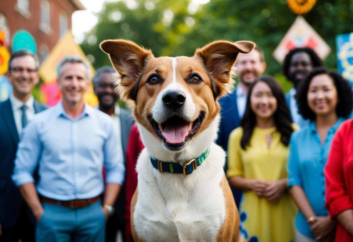 A happy, energetic dog, 777 Charlie, a mixed breed with floppy ears and a wagging tail, surrounded by diverse people and cultural symbols