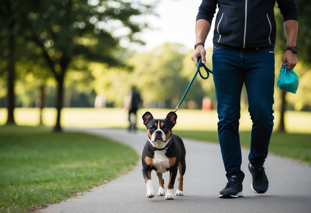 A person walking a 777, a small to medium-sized dog breed, on a leash in a park, with a poop bag in hand